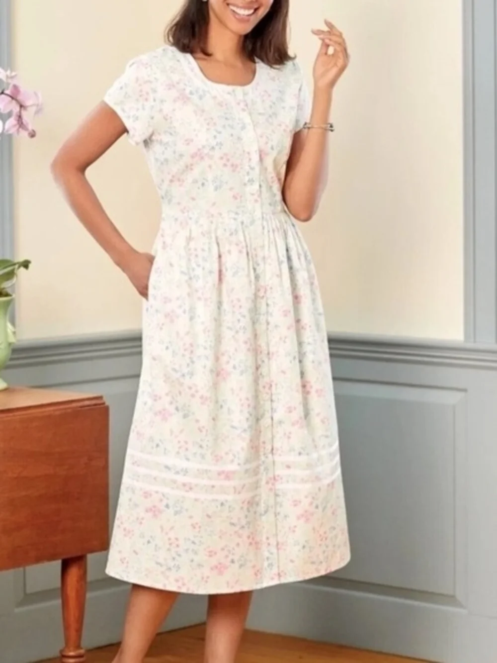 Lanz Of Salzburg Floral Short Sleeve Cotton Nightgown With Tie Waist - Picture 1 of 7